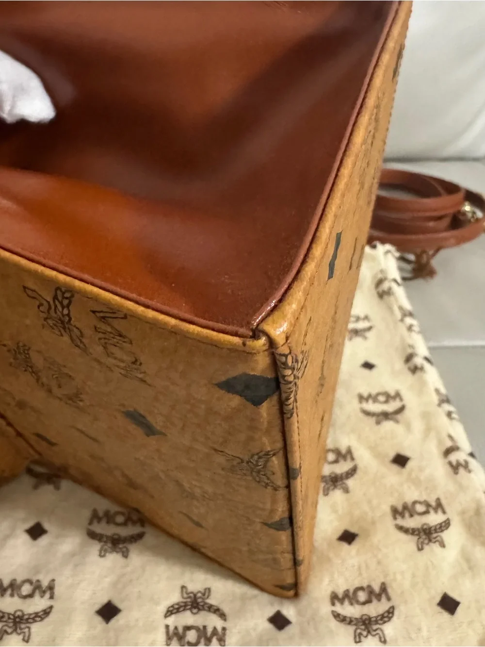 MCM Brown Kelly Cognac Visetos Top Handle Satchel with Gold Hardware